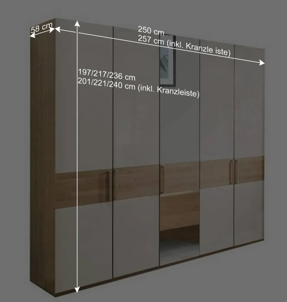 250 cm breiter Schlafzimmerschrank mit 5 Türen - Emdsiva III