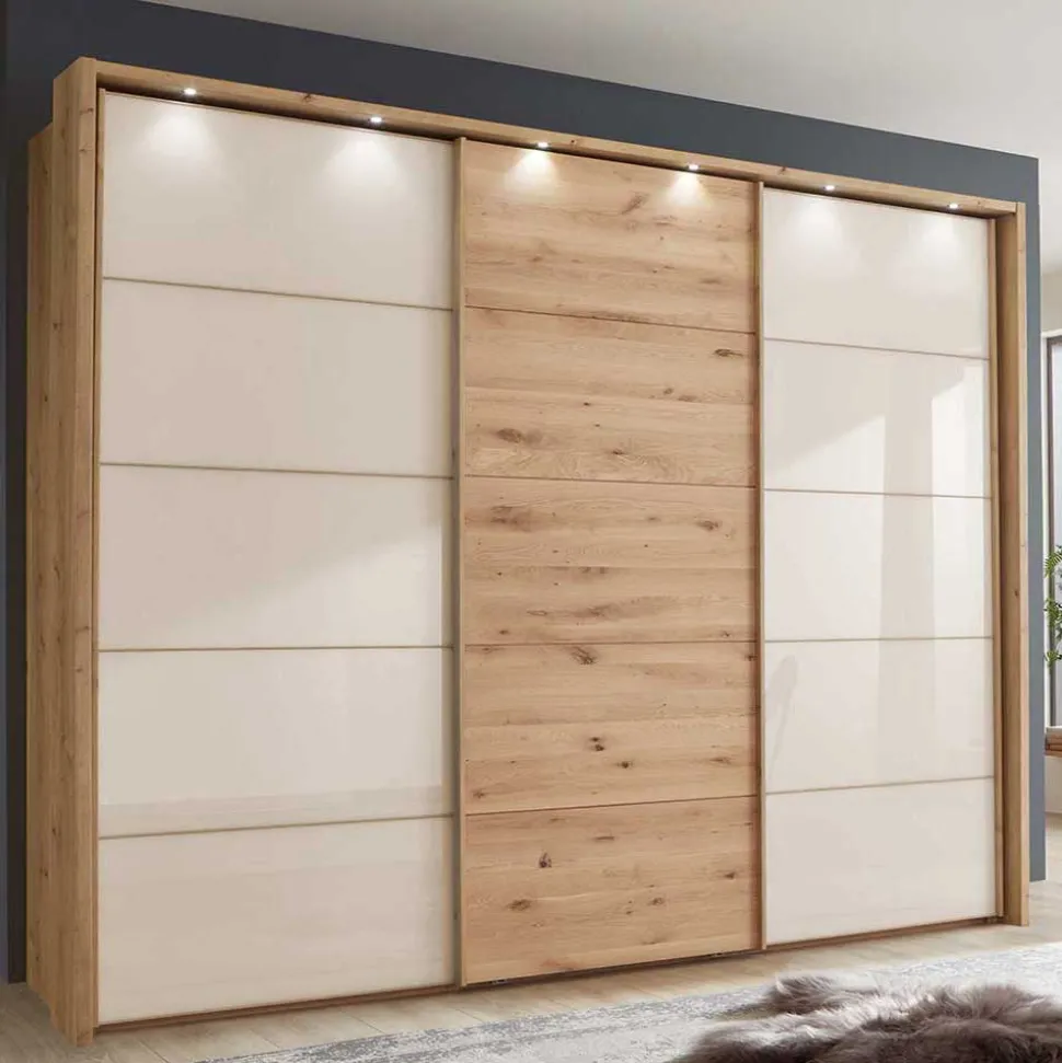 300 cm breiter Schwebetürenschrank mit Glas Beige - Nikoba