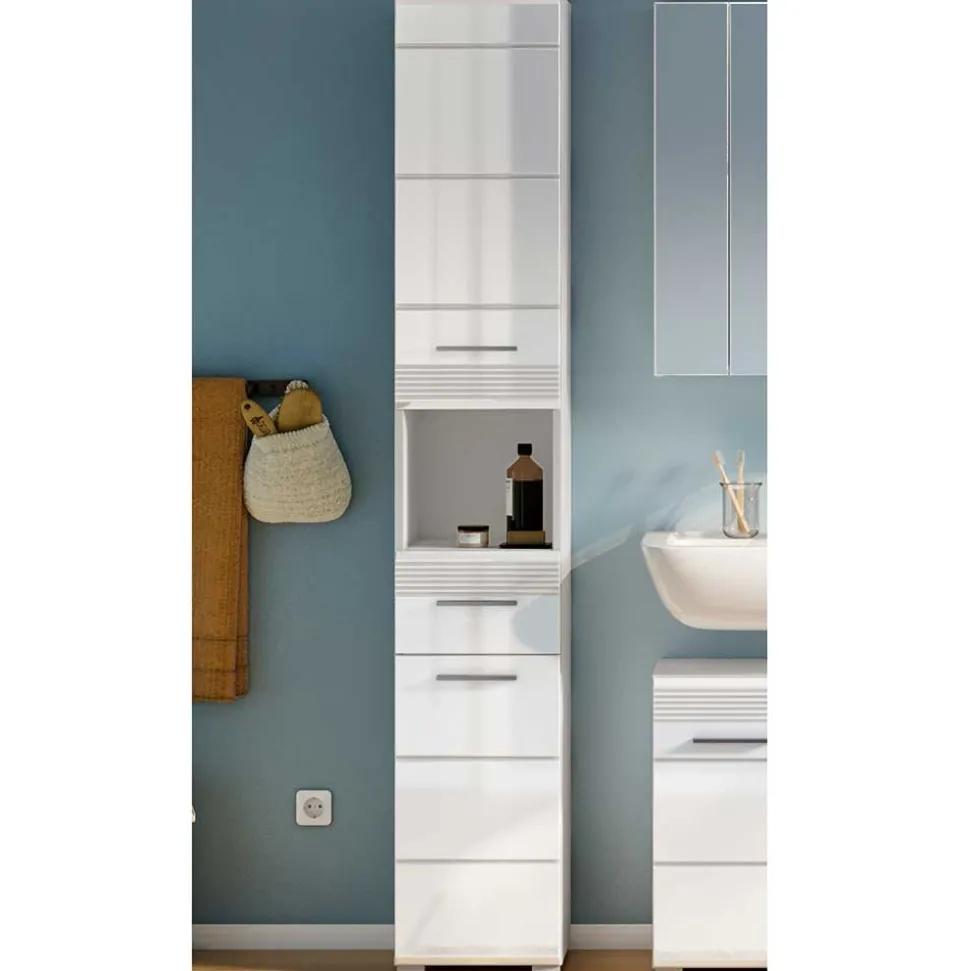 182 cm hoher Badschrank in Weiß Hochglanz - Whale