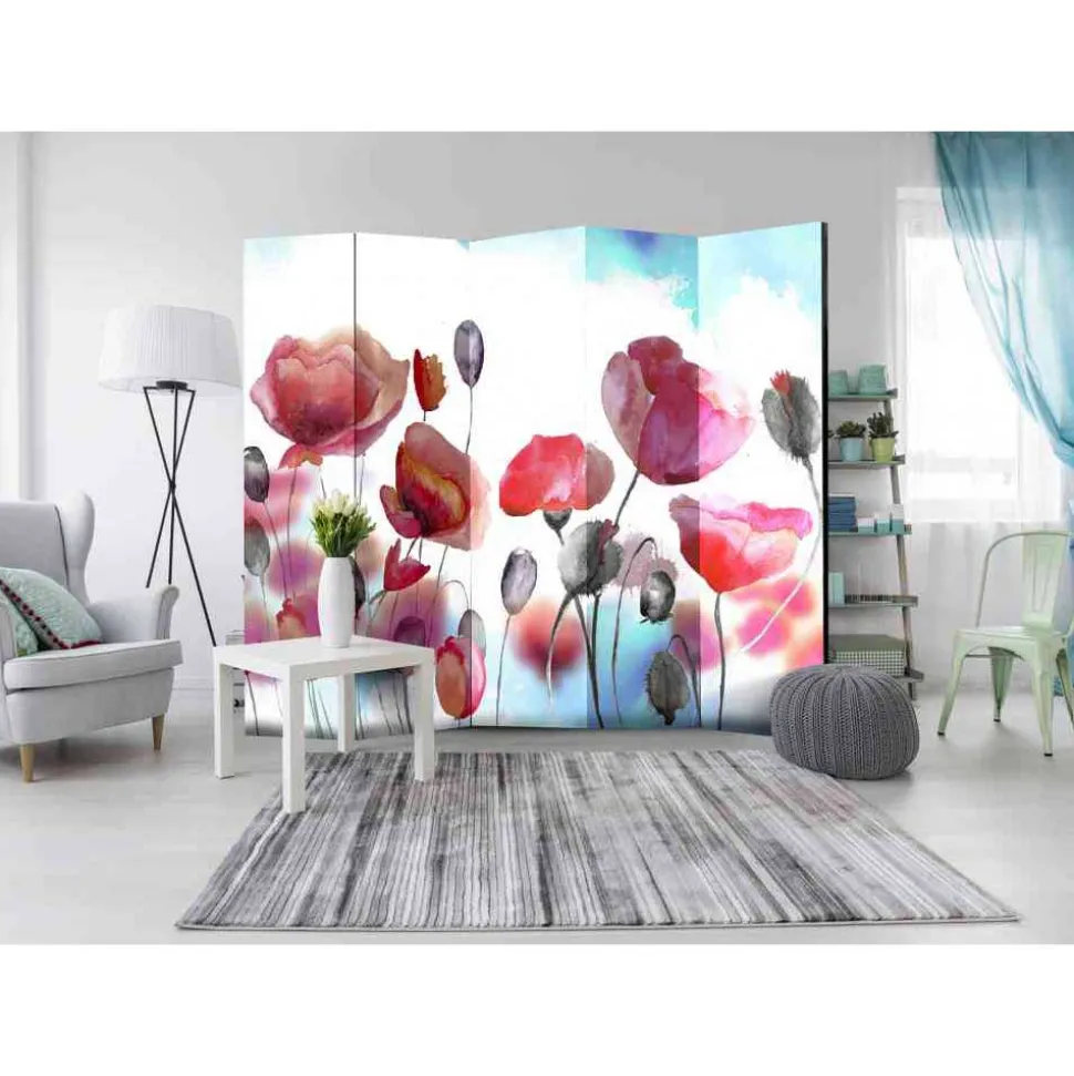 Attraktiver Leinwand-Paravent mit Mohn - Zebrano