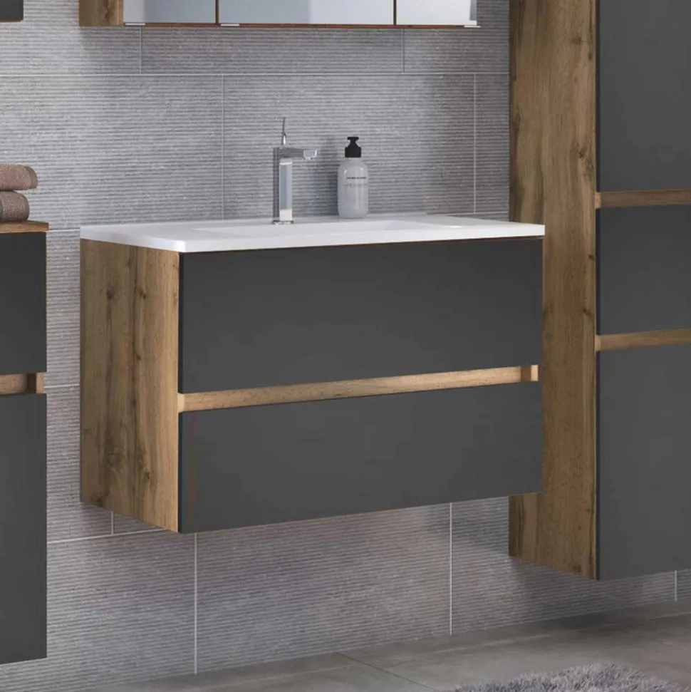 Bad Waschtisch mit Becken in Grau & Holz Optik - Athrin