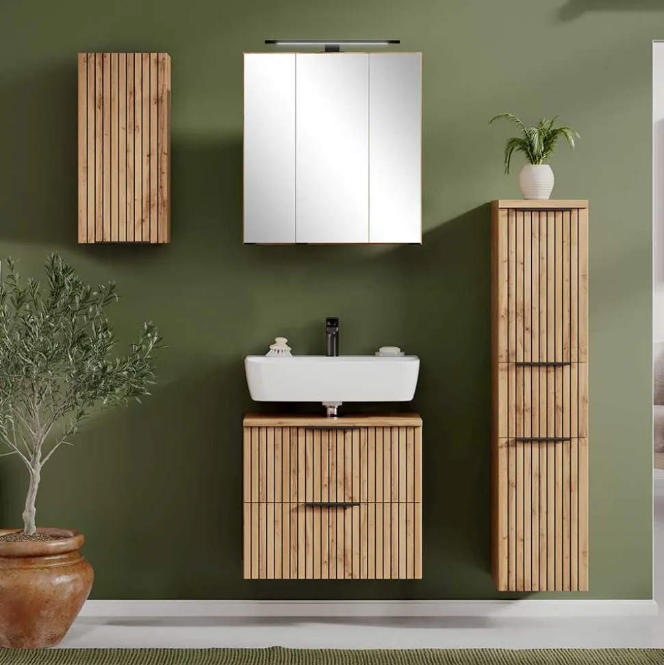 Badeinrichtung in Wildeiche mit Schwarz - Crystoga (vierteilig)