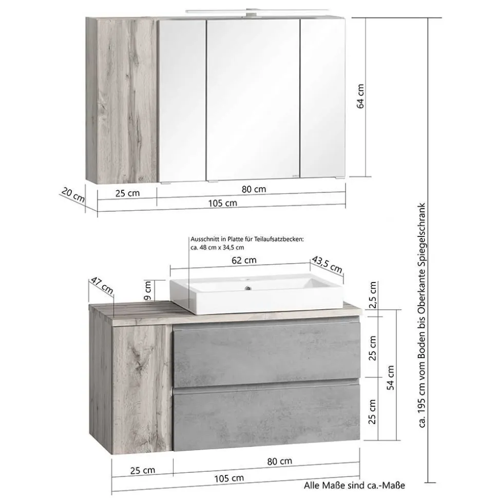 Badmöbel in Beton Optik & Wildeiche - Mia (dreiteilig)