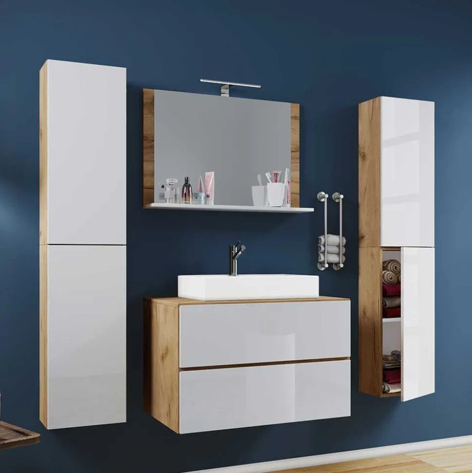 Badmöbel in Weiß & Wildeiche Honig - Cabarete (vierteilig)