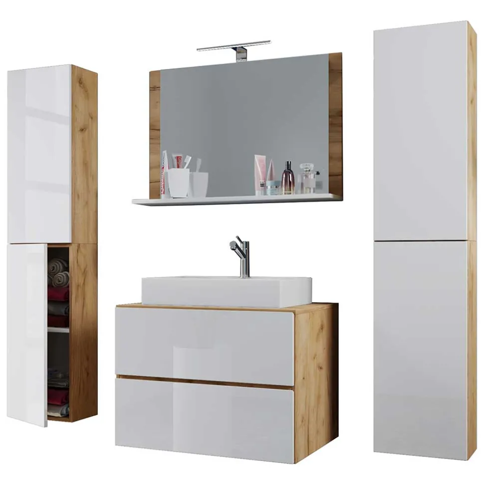 Badmöbel in Weiß & Wildeiche Honig - Cabarete (vierteilig)