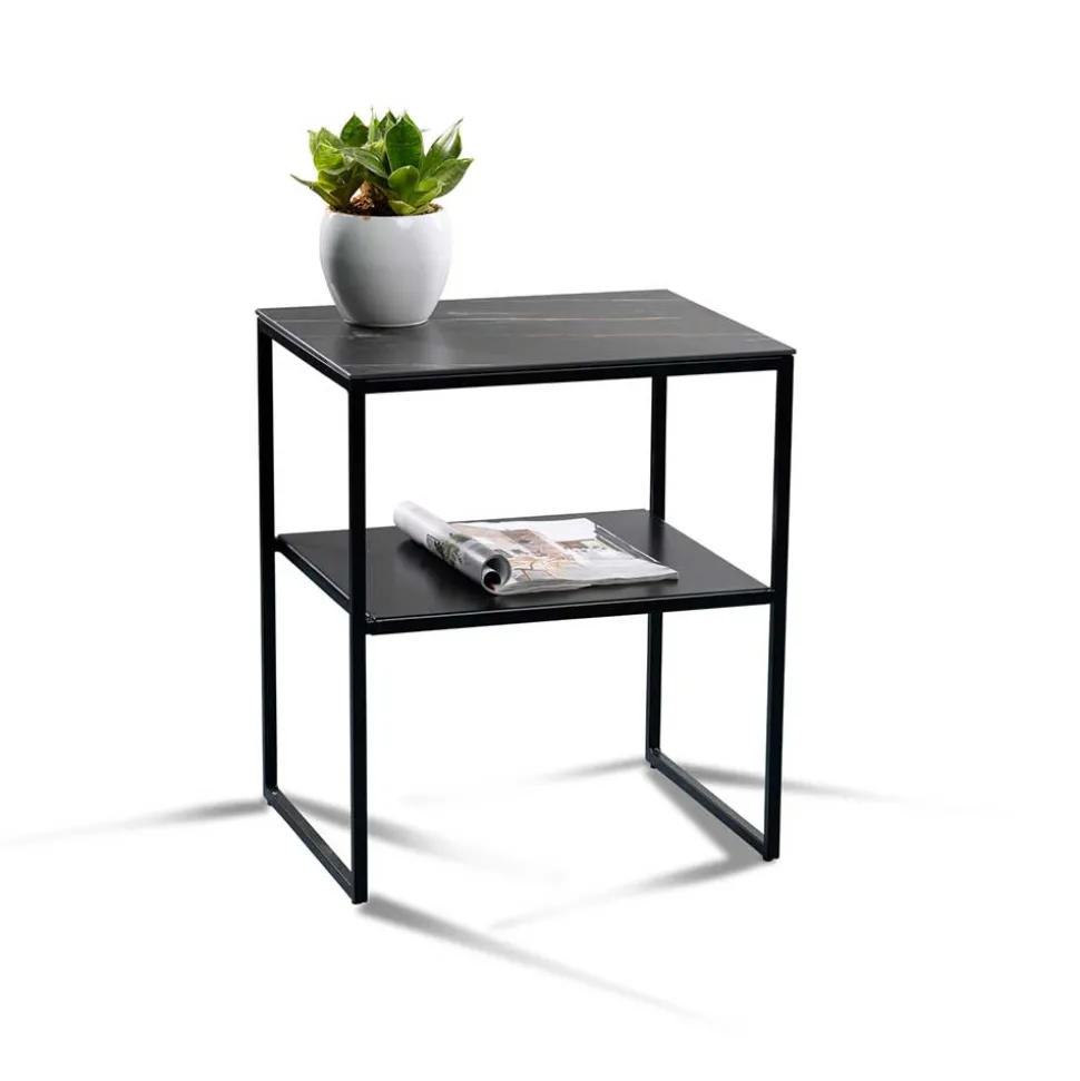 Beistelltisch mit Ablage in Schwarz Marmor Optik - Eila