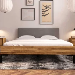 Bett mit Wildeiche Rahmen & Polsterkopfteil in Grau - Kerfa