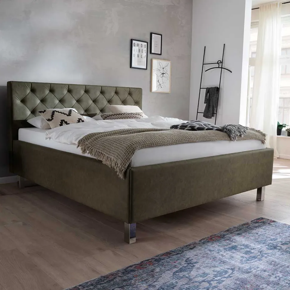 Bettkasten Polsterbett in Oliv Grün & Chrom - Weyna