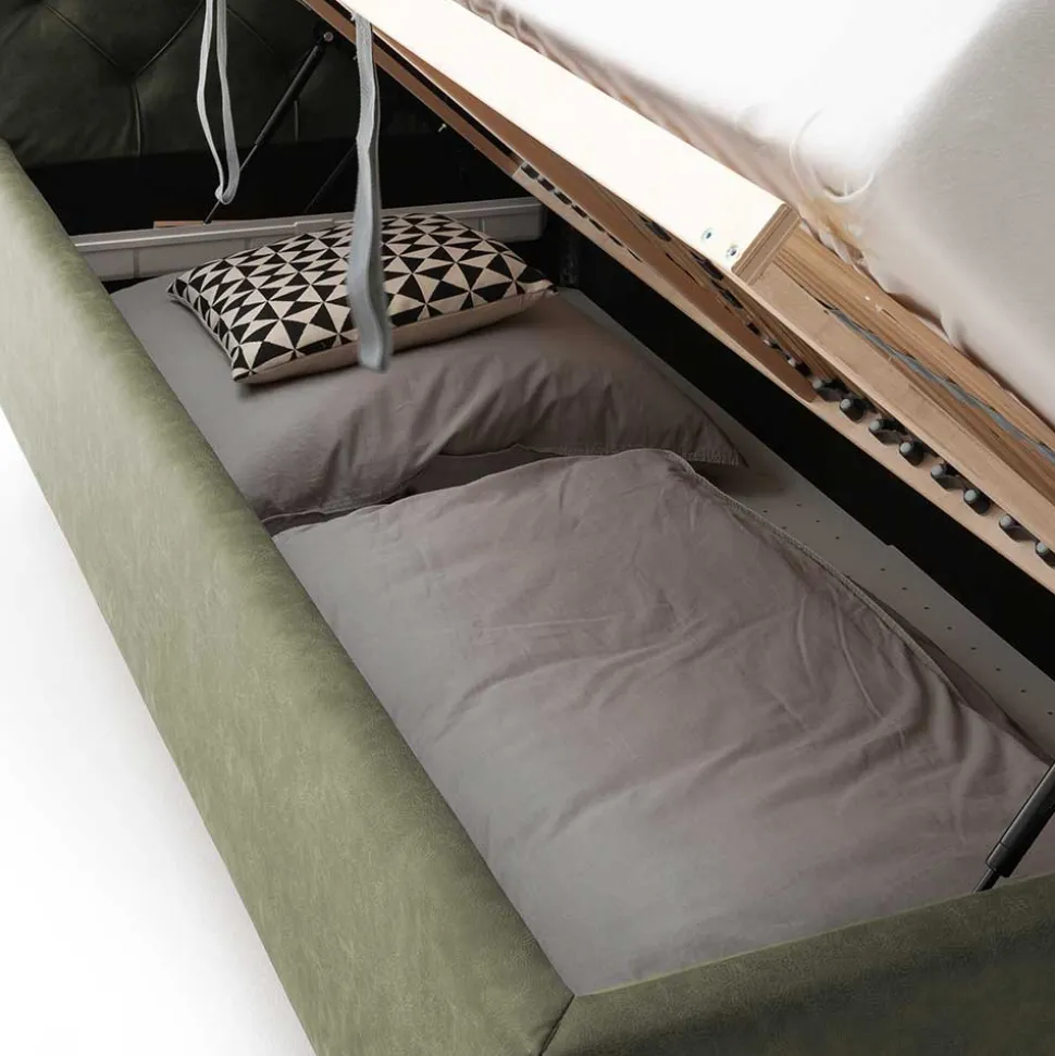 Bettkasten Polsterbett in Oliv Grün & Chrom - Weyna