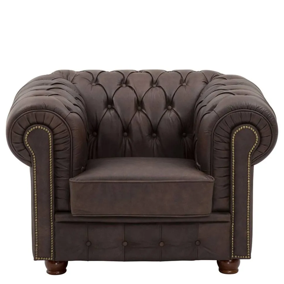 Brauner Chesterfieldsessel mit Lederbezug - Pluna