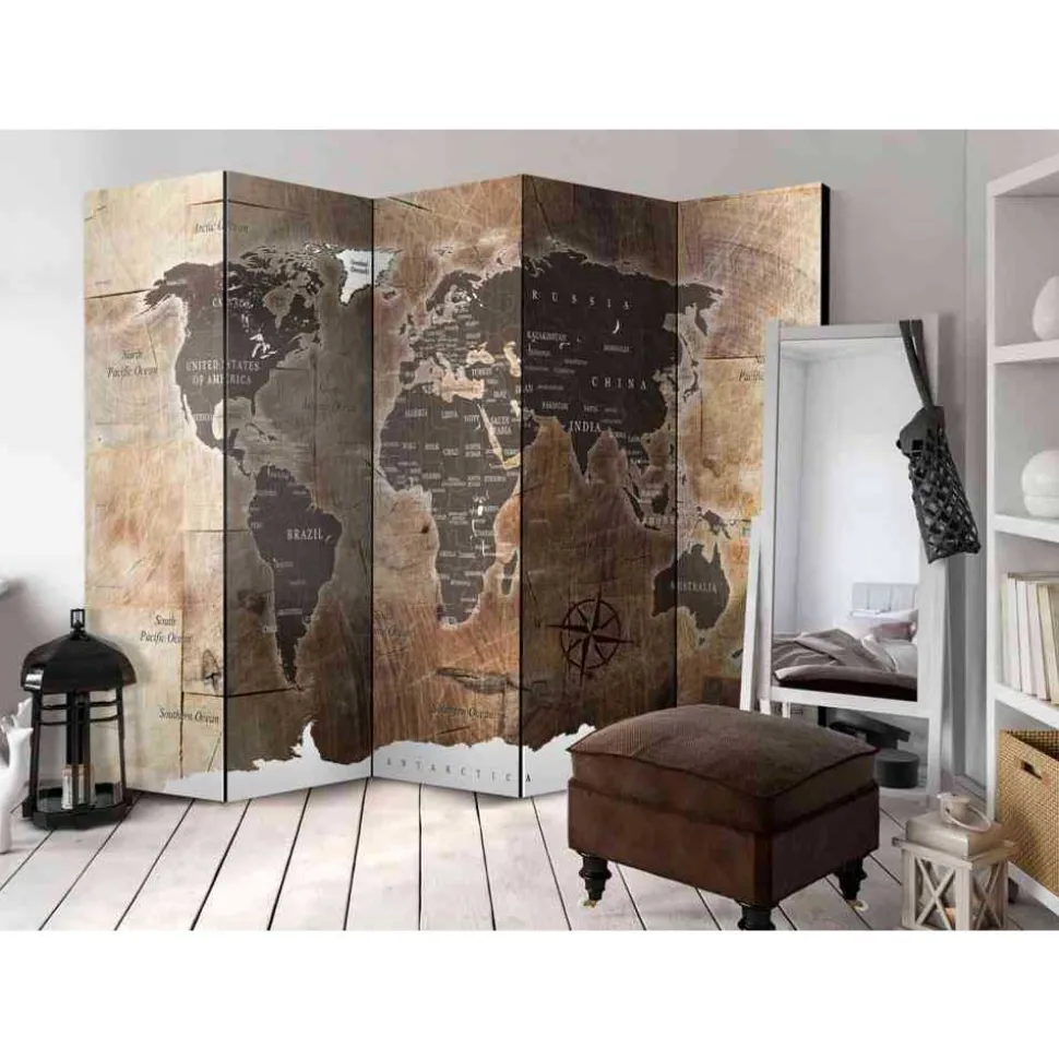 Brauner Design-Paravent Motiv Weltkarte - Lexiago