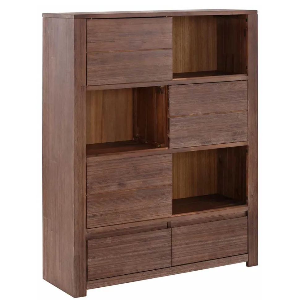 Braunes Akazie Highboard mit 3 Schiebetüren - Ruffes