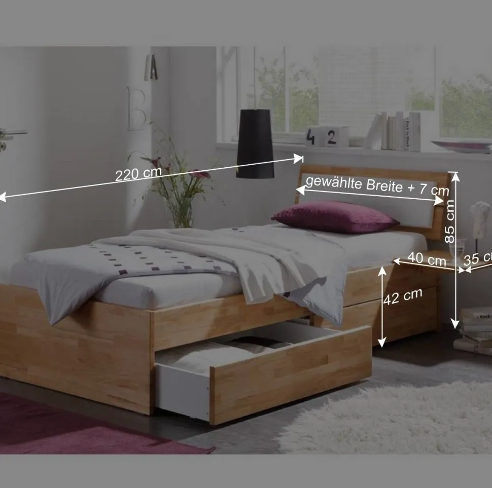 Buche Massivholzbett Gulmez inklusive Bettkästen mit gedämpftem Selbsteinzug