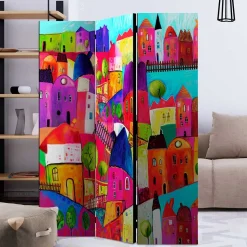 Bunt bedruckter Paravent mit Stadt Häusern Bäumen - Villa