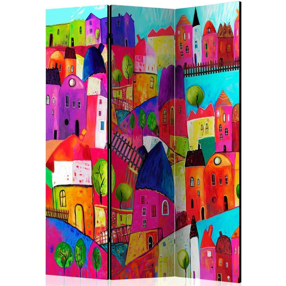 Bunt bedruckter Paravent mit Stadt Häusern Bäumen - Villa