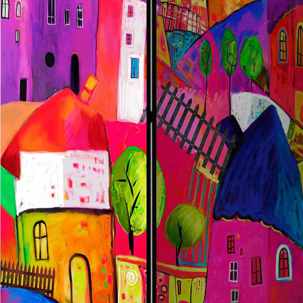 Bunt bedruckter Paravent mit Stadt Häusern Bäumen - Villa