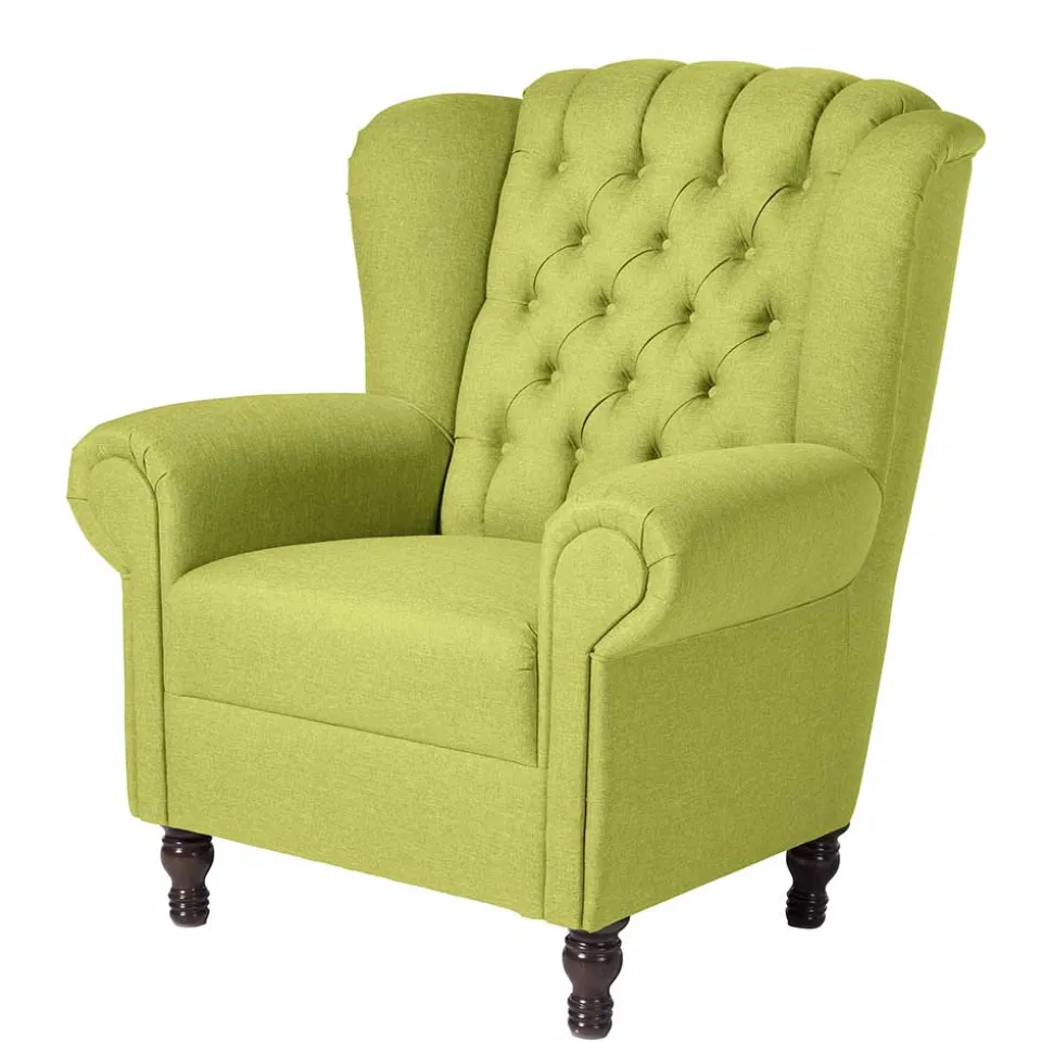 Chesterfield Sessel in Gelbgrün und Nussbaum - Prenza