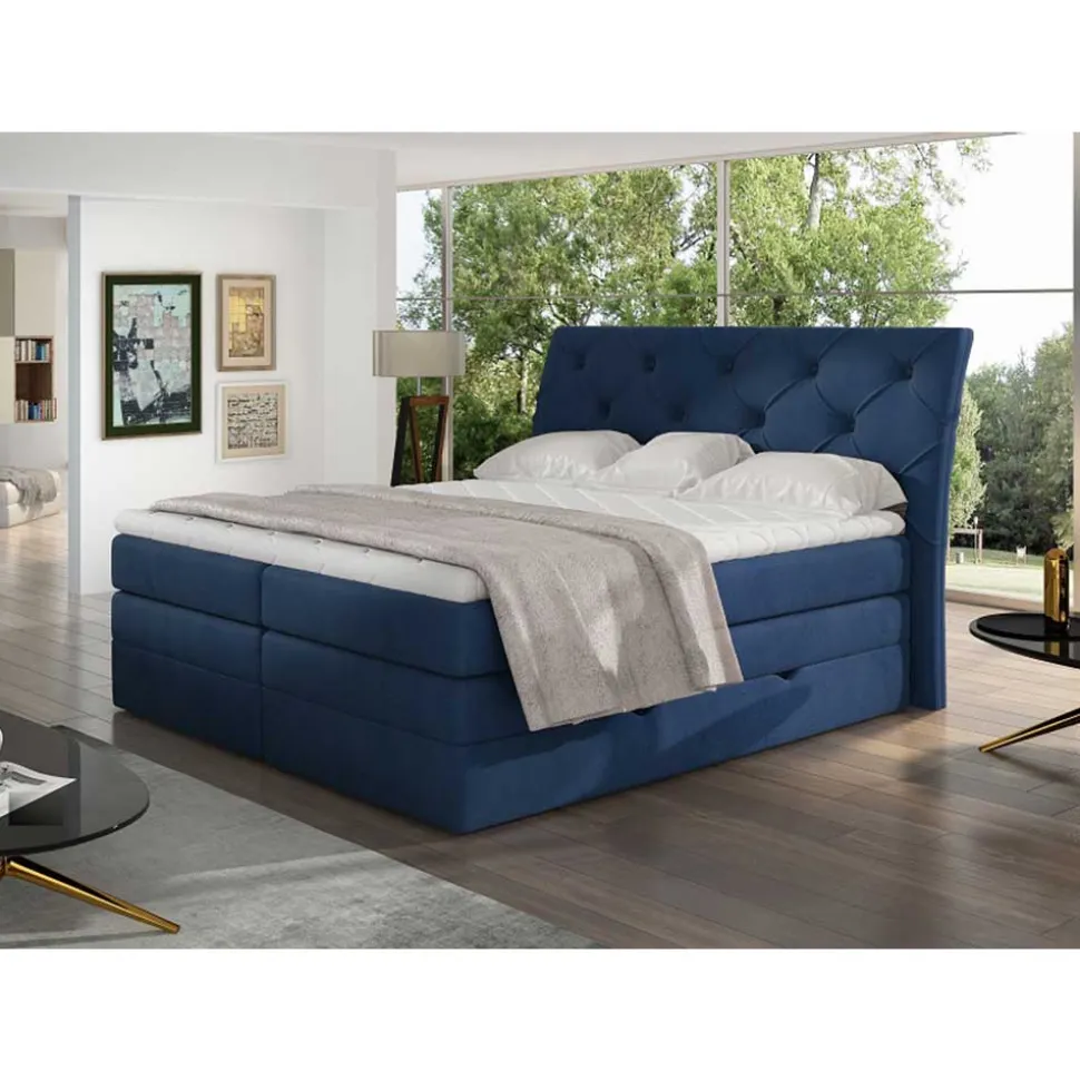 Chesterfield Stauraum-Boxspringbett in Blau - Hillo