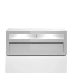 150cm breites TV Board in Hochglanz Weiß Mextra mit Beton Dekor