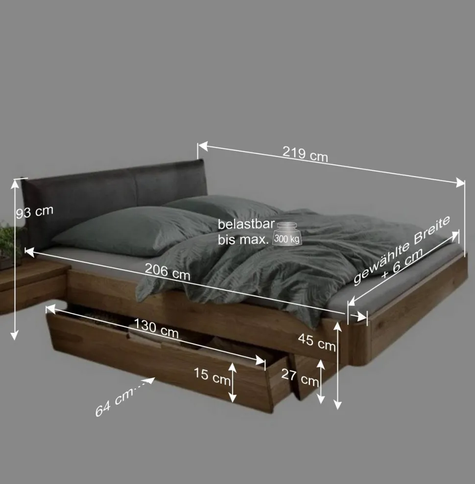 Designbett mit zwei Bettkästen aus Wildeiche - Zennian (dreiteilig)