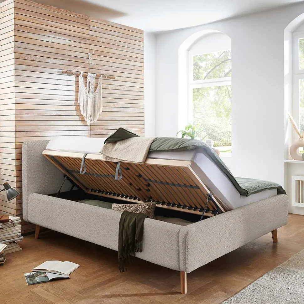 Doppelbett mit Bettkasten in Beige Webplüsch - Samuele