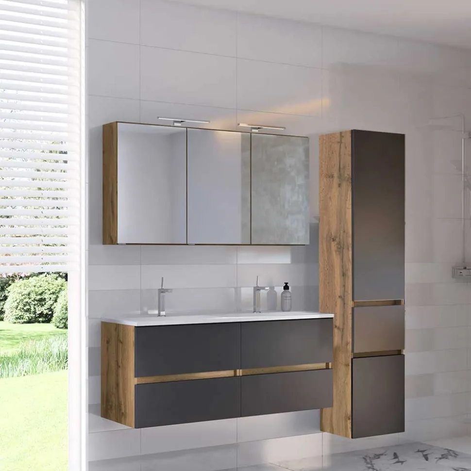 Doppelter Waschtisch mit Spiegelschrank - Athrin (dreiteilig)