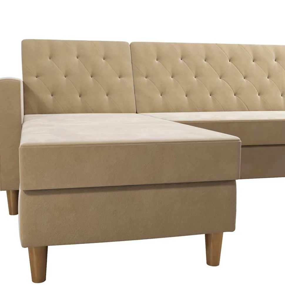 Ecksofa mit Bettfunktion in Creme Samt - Mikolos