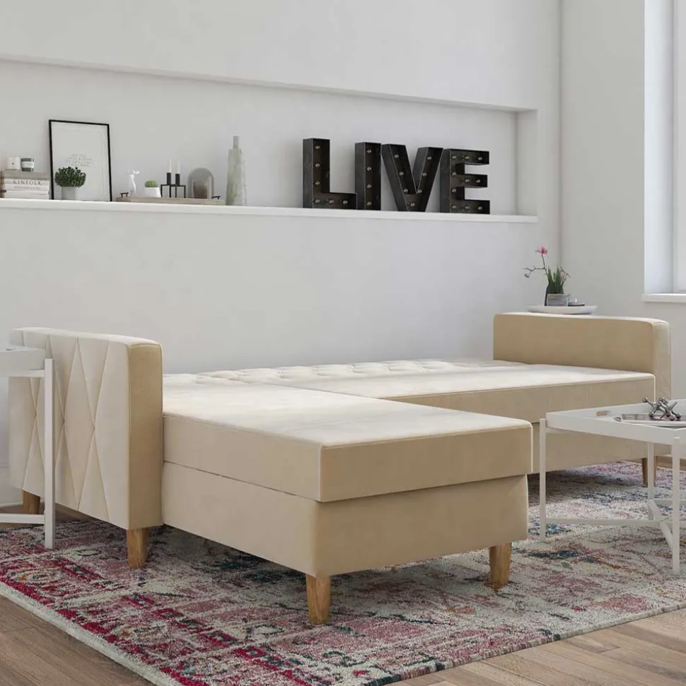 Ecksofa mit Bettfunktion in Creme Samt - Mikolos