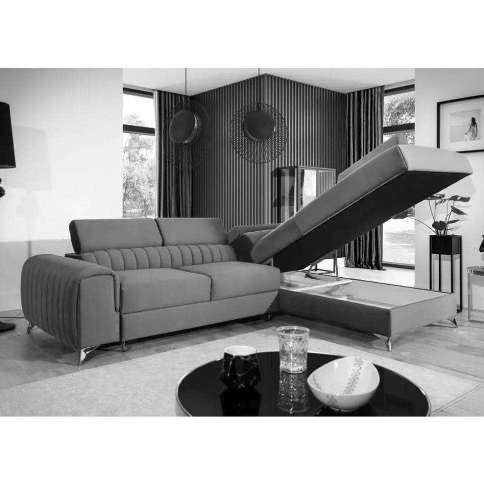 Ecksofa mit Bettfunktion in Hellgrau Samt - Merandes