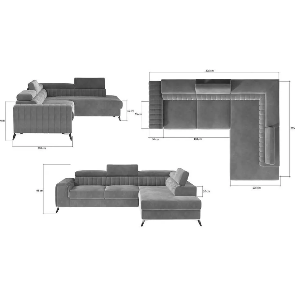 Ecksofa mit Bettfunktion in Hellgrau Samt - Merandes