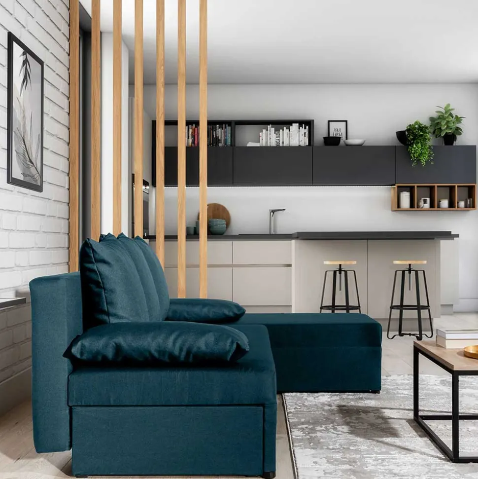 Ecksofa mit Bettfunktion in Dunkelblau Velours - Sempore