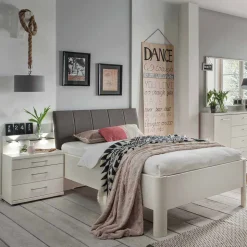 Einzelbett und Nachttisch Set Ronis in Weiß mit Braun (zweiteilig)