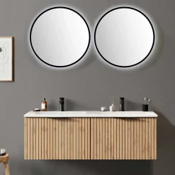 2er Waschtisch & Lichtspiegel rund - Crystoga (dreiteilig)