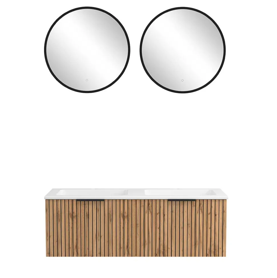 2er Waschtisch & Lichtspiegel rund - Crystoga (dreiteilig)