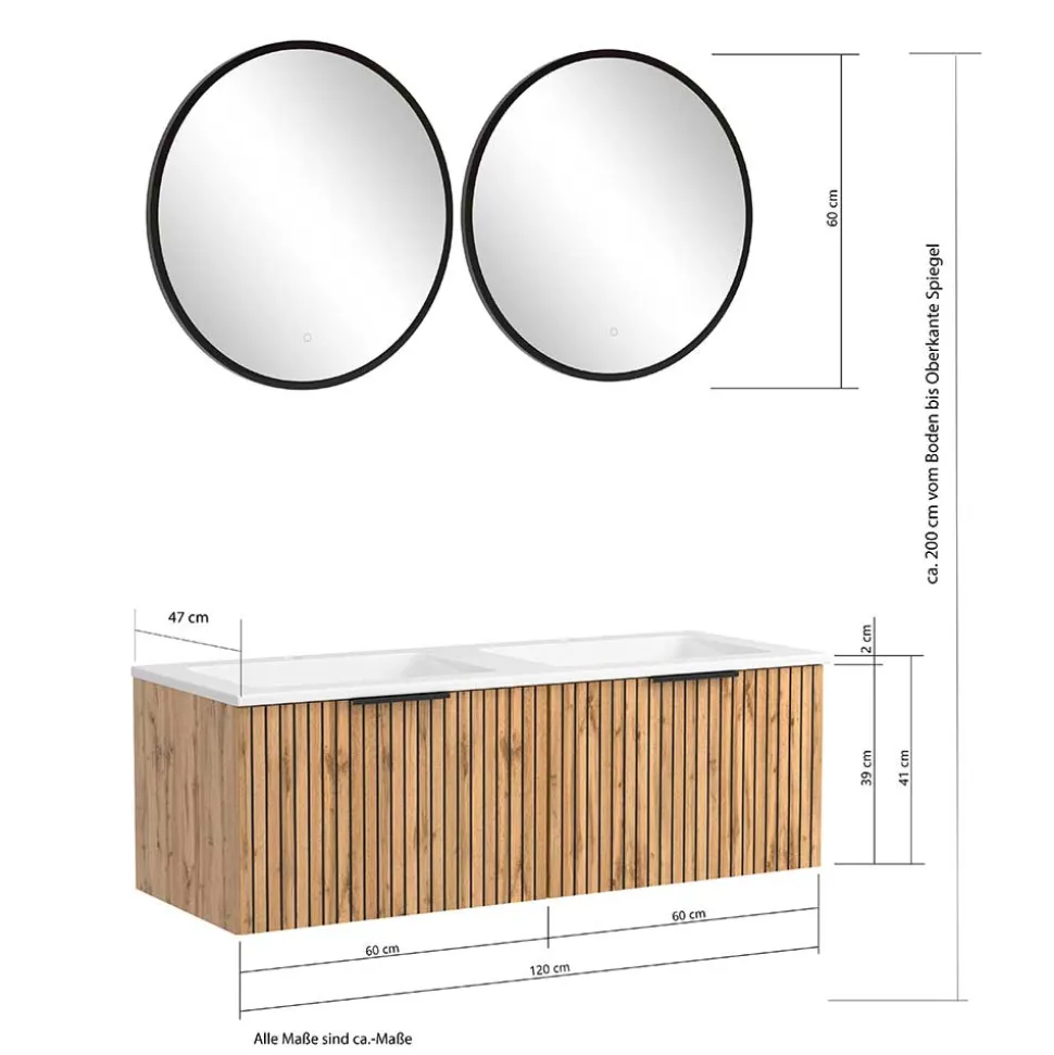 2er Waschtisch & Lichtspiegel rund - Crystoga (dreiteilig)