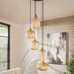 5-flammige Hängelampe mit Braunglas Schirmen - Infermo