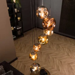 7-flammige Hängeleuchte mit Metallic Glasschirmen - Elizabeth