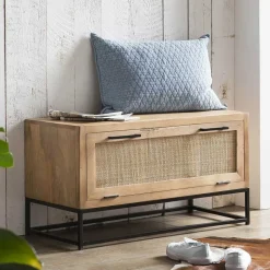 Flurbank mit Schuhklappe aus Holz & Rattan Geflecht - Lazianus