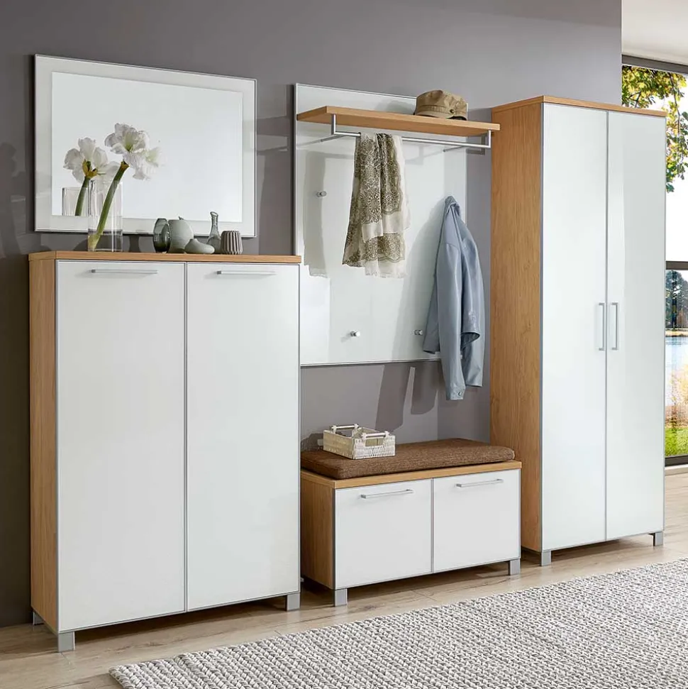 Flurgarderobenset Wynoca in Weiß Glas beschichtet (fünfteilig)