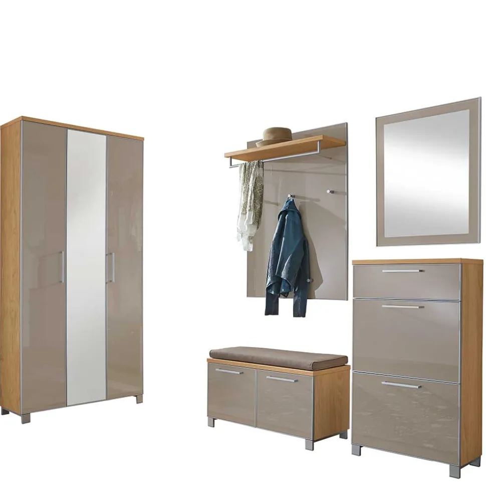 Garderobenmöbel Set Diecca in Taupe Glas beschichtet (fünfteilig)