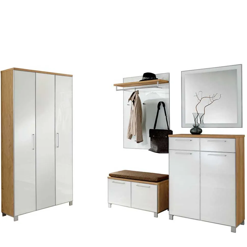 Garderobenmöbel Set Wynoca in Weiß Glas beschichtet (fünfteilig)