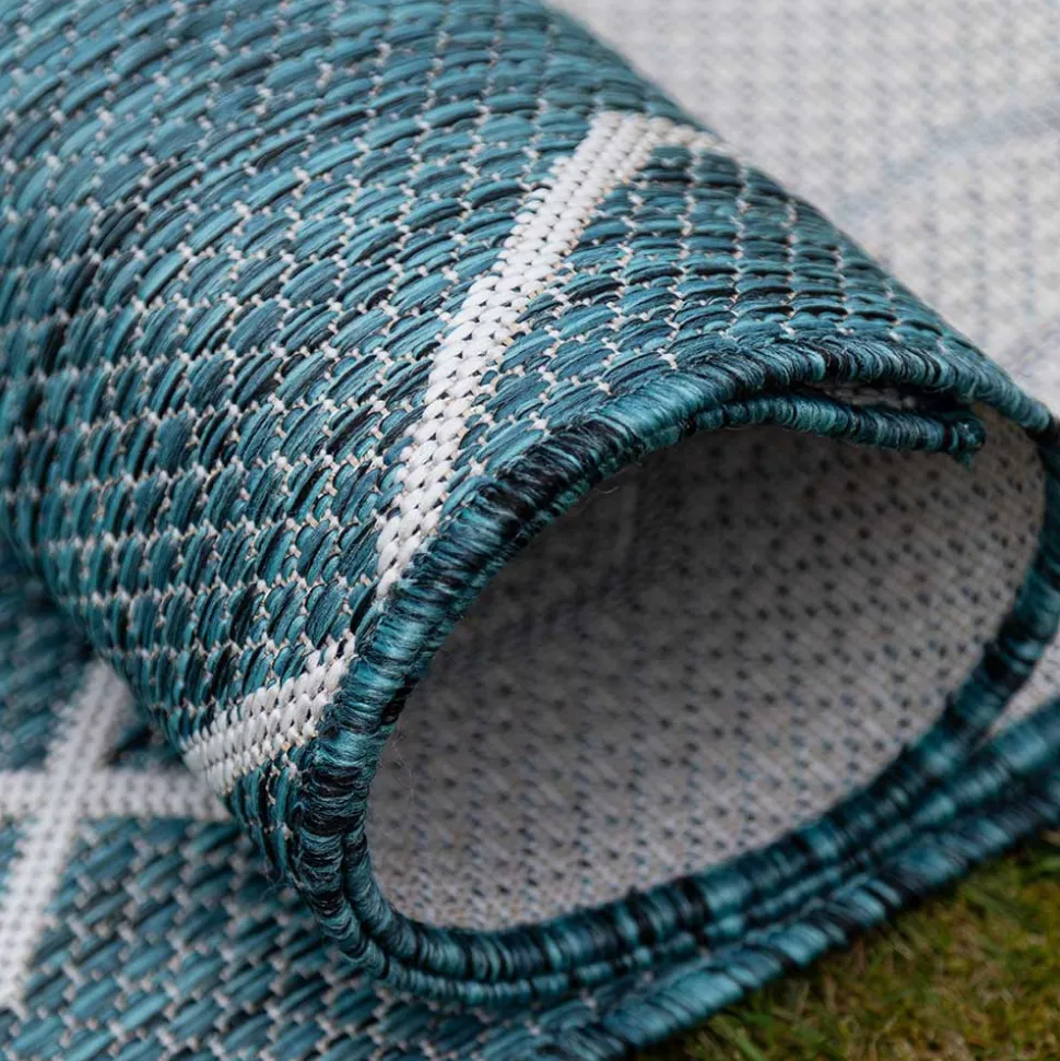 Garten Teppich in Petrol Blau & Creme - Trojar