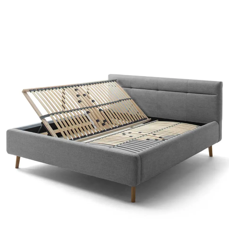 Gepolstertes Stauraumbett in Grau Stoff - Puni