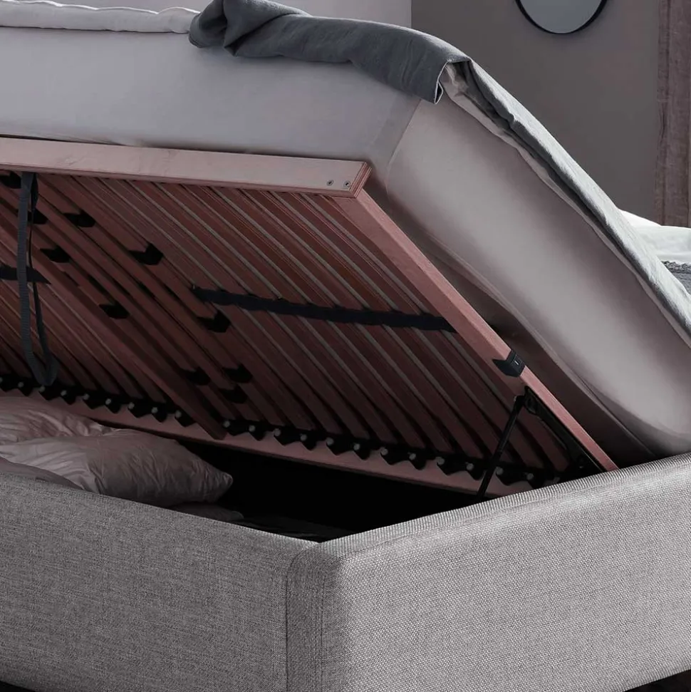 Gepolstertes Stauraumbett in Grau Stoff - Puni