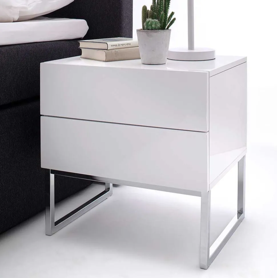 Günstige Design Nachtkommode in Weiß Merin mit Chrom