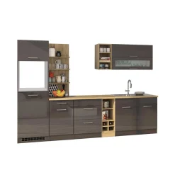 Graue Hochglanz-Küche mit Regalen - Bozenia (neunteilig)