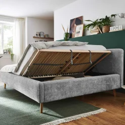 Graues Polsterbett mit Boucle Bezug und Holzfüßen - Endrov