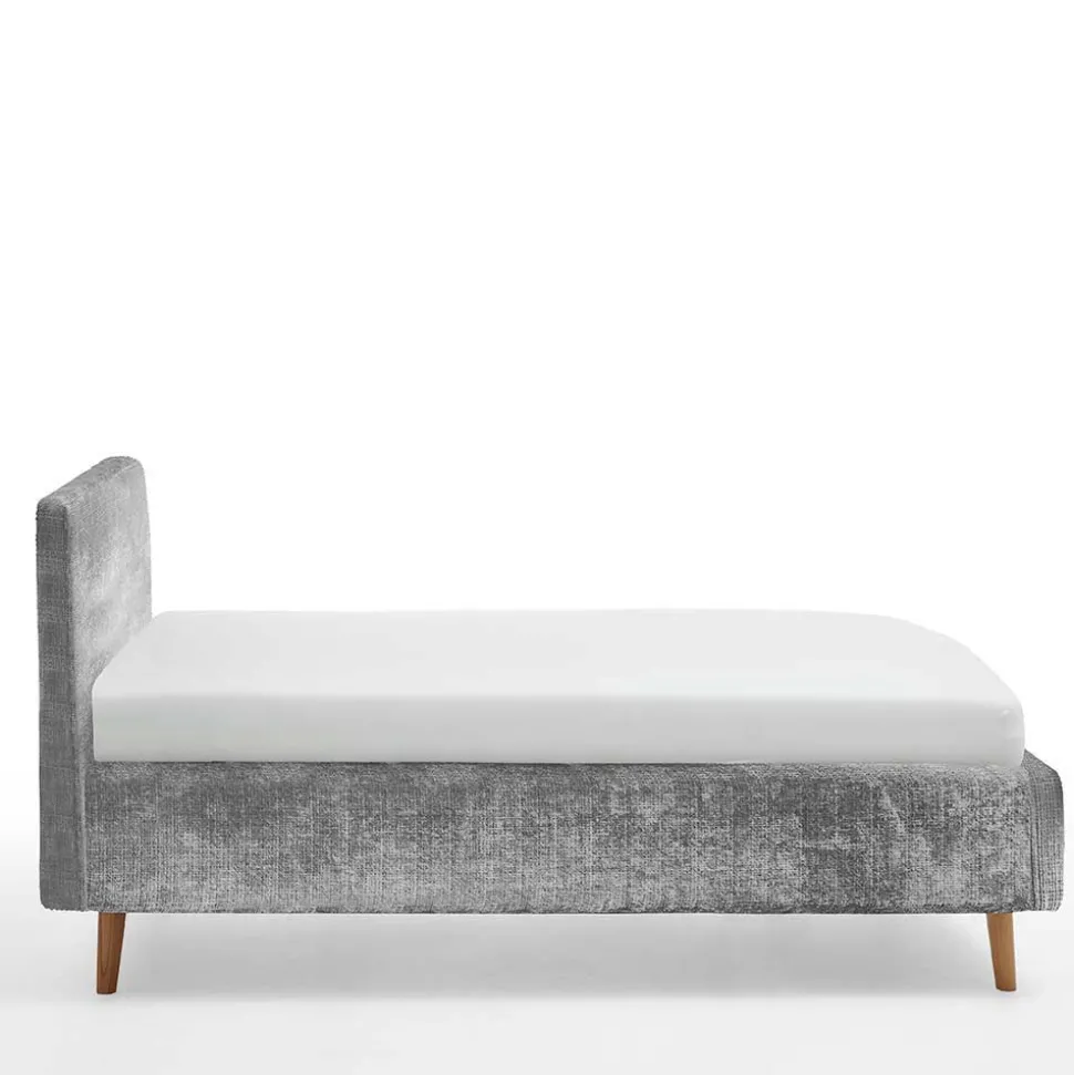 Graues Polsterbett mit Boucle Bezug und Holzfüßen - Endrov