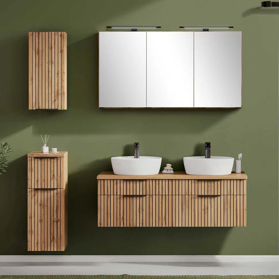 Großer Waschplatz mit 2 Becken & Badschränke - Crystoga (vierteilig)