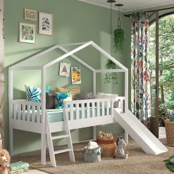 Halbhohes Hochbett mit Hausdach & Rutsche - Graphit